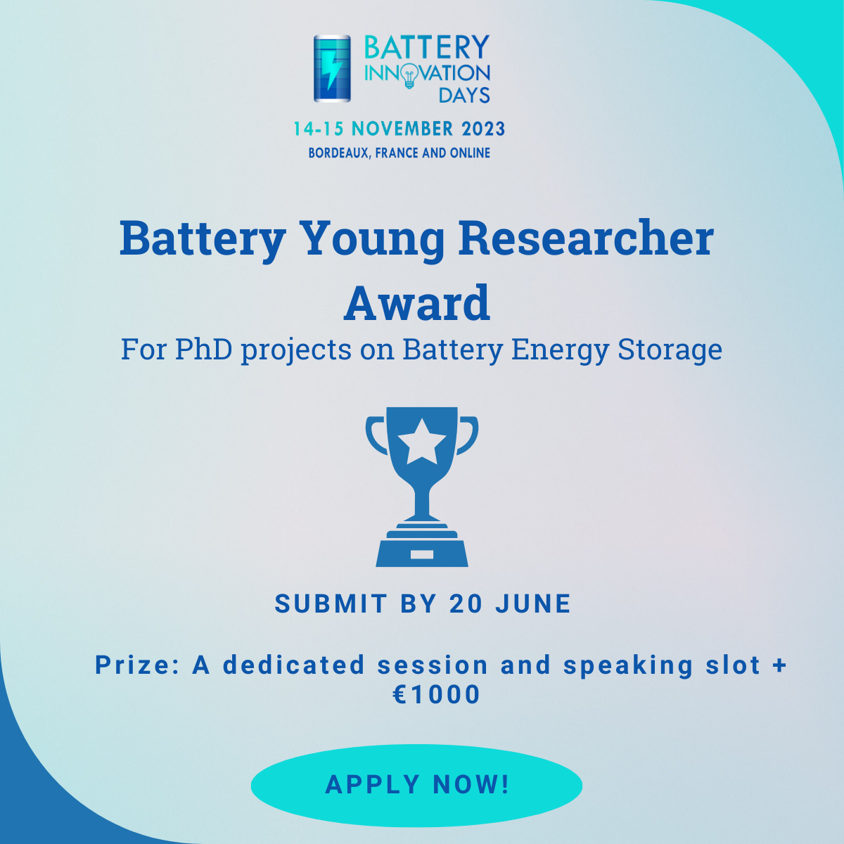 The Battery Young Research Award (Battery Innovation Days) - Battery 2030+